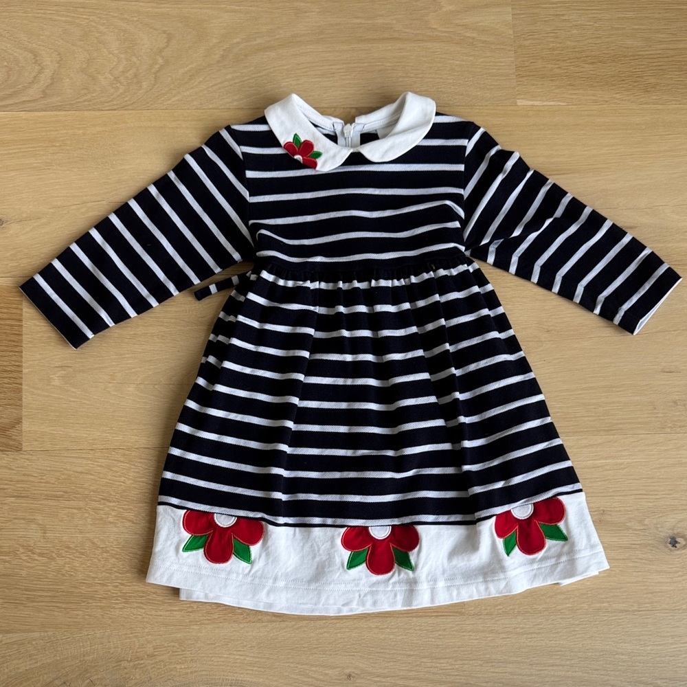 Florence Eiseman Striped Navy and White Kids Dress with Red Floral Accents